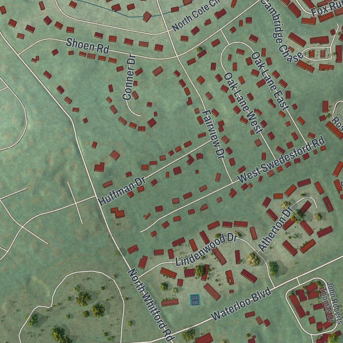 Second close-up of the map of Exton, Pennsylvania print showing more streets and buildings