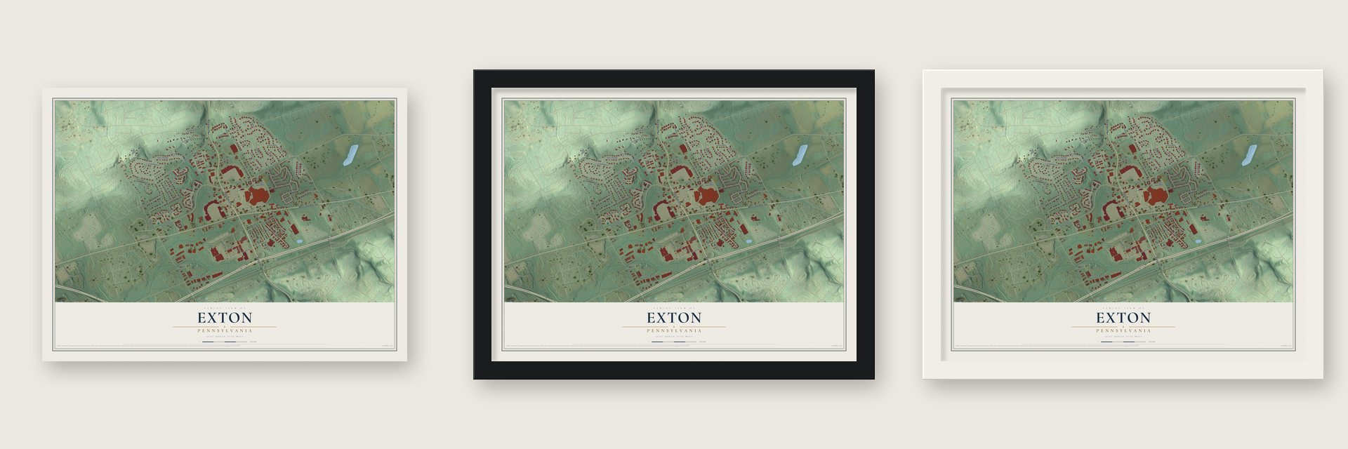 Exton, Pennsylvania map unframed, in a black wood frame and in a white wood frame