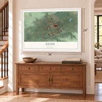 Exton, Pennsylvania map, 24 x 36 inch print in a white frame above a dresser by a staircase