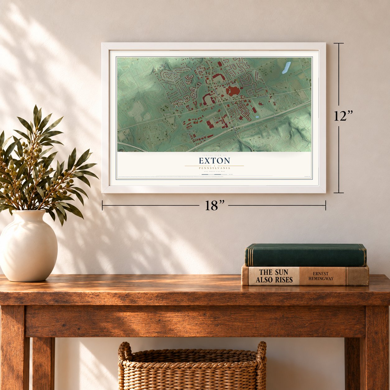 Exton, Pennsylvania map, 12 x 18 inch print in a white frame in an entryway