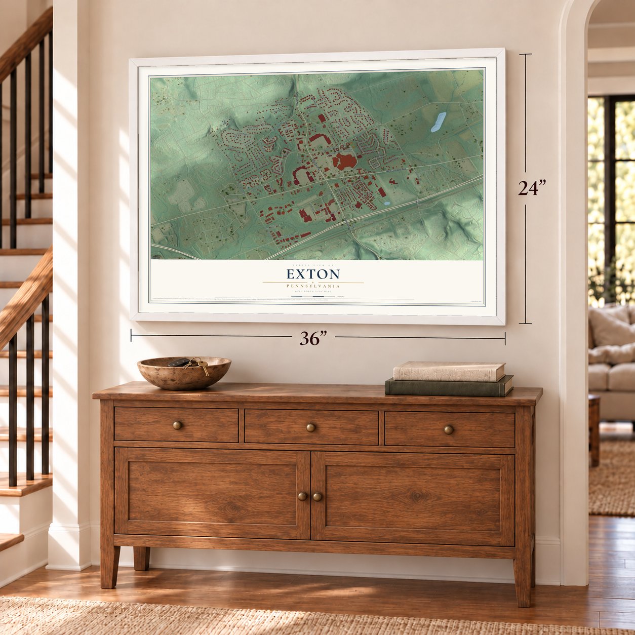 Exton, Pennsylvania map, 24 x 36 inch print in a white frame above a dresser by a staircase