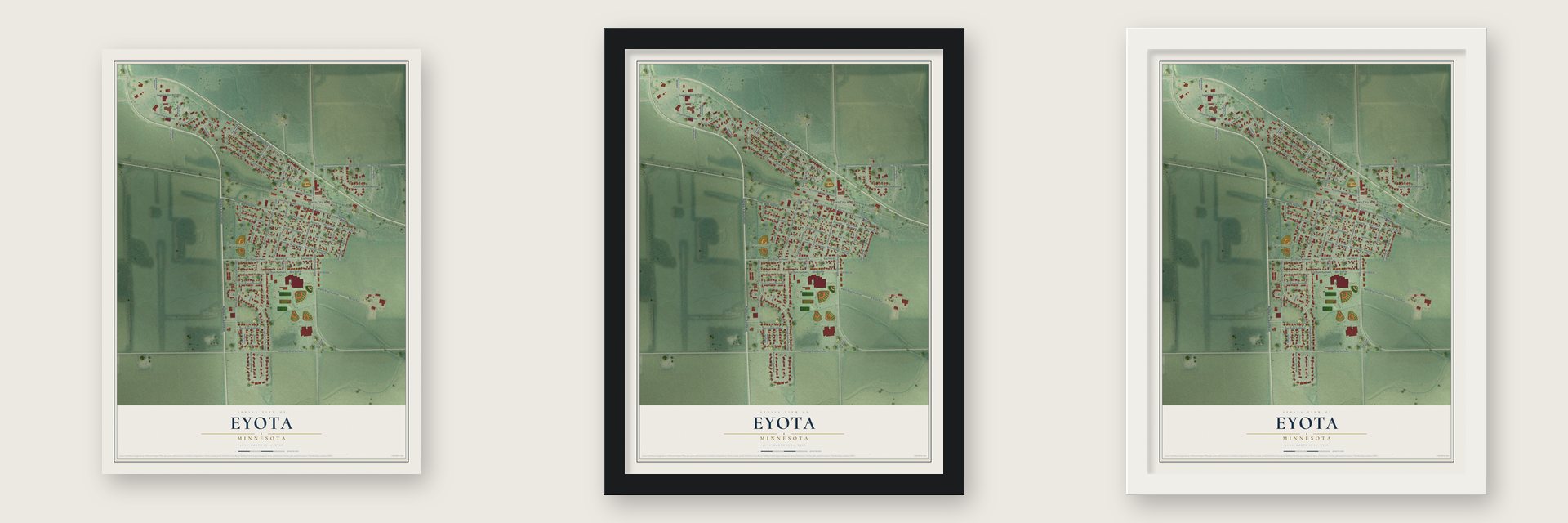Eyota, Minnesota map unframed, in a black wood frame and in a white wood frame