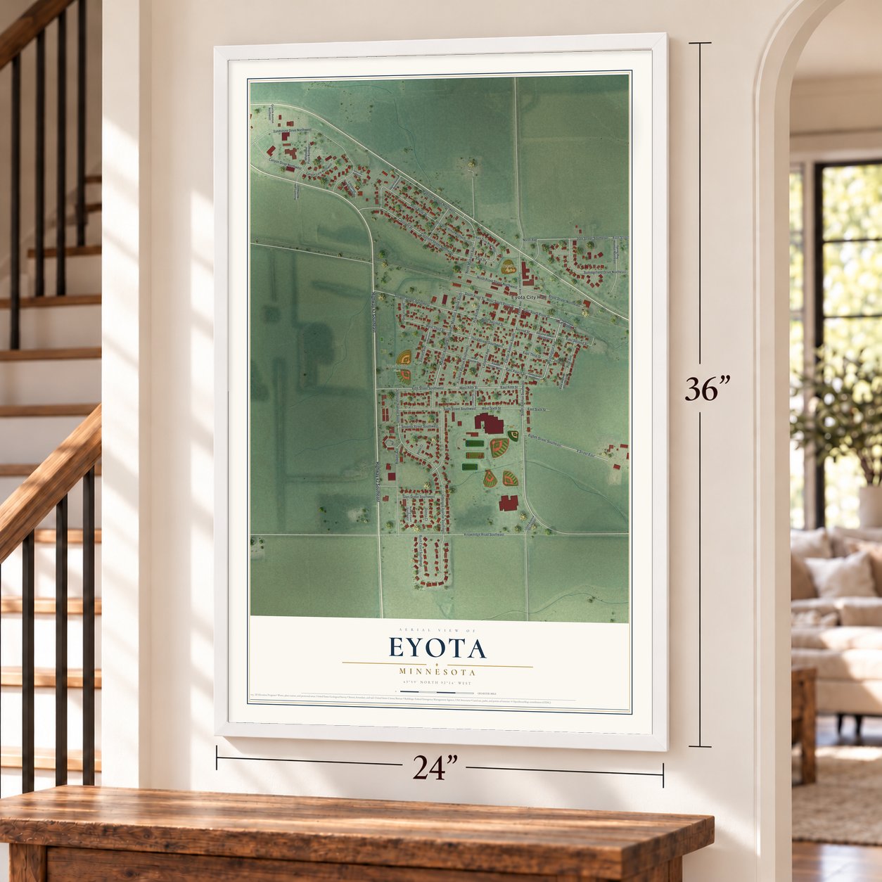 Eyota, Minnesota map, 24 x 36 inch print in a white frame by a staircase
