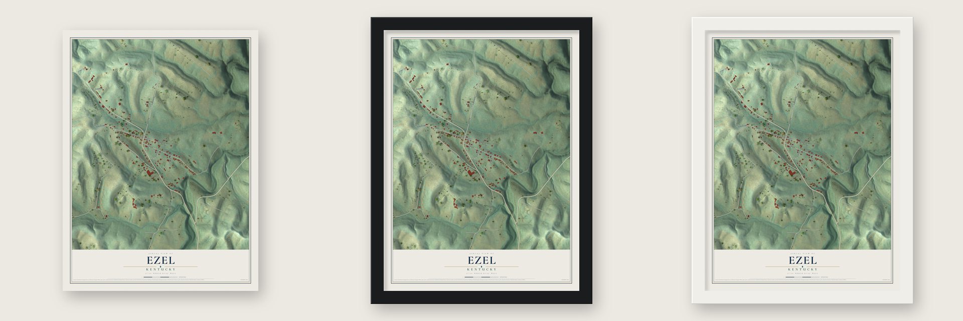 Ezel, Kentucky map unframed, in a black wood frame and in a white wood frame