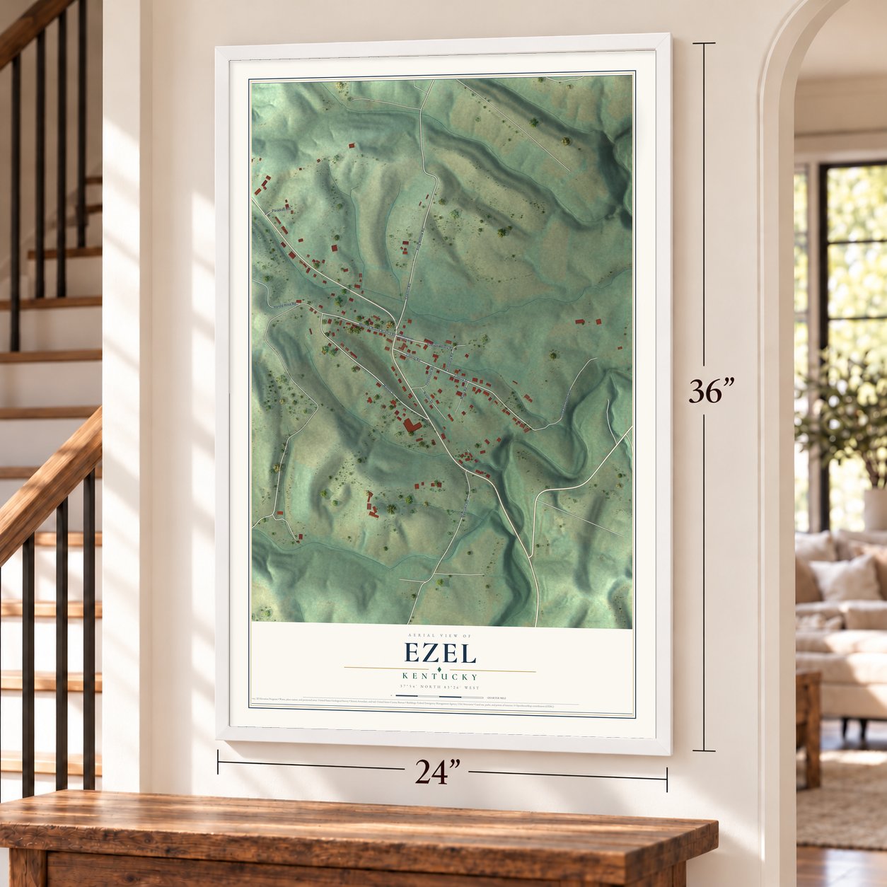 Ezel, Kentucky map, 24 x 36 inch print in a white frame by a staircase