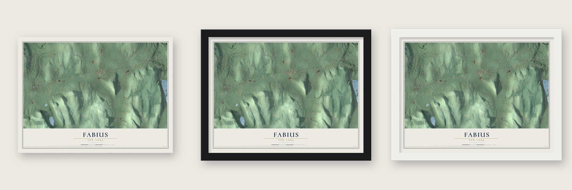 Fabius, New York map unframed, in a black wood frame and in a white wood frame