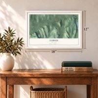 Fabius, New York map, 12 x 18 inch print in a white frame in an entryway