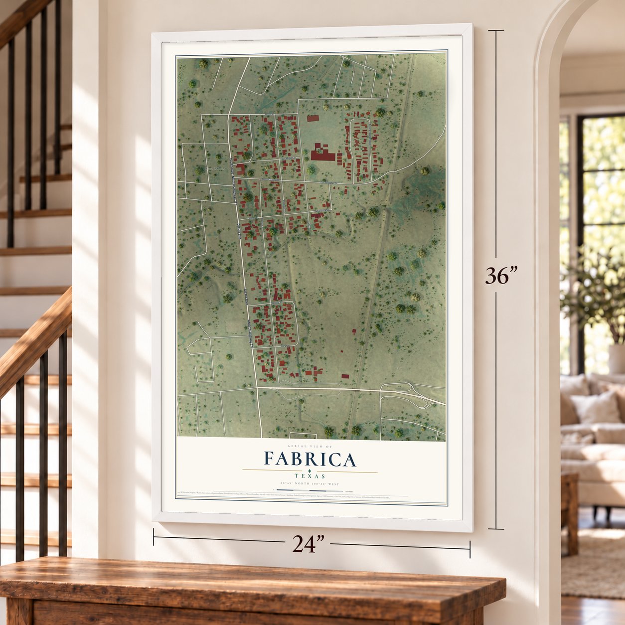 Fabrica, Texas map, 24 x 36 inch print in a white frame by a staircase