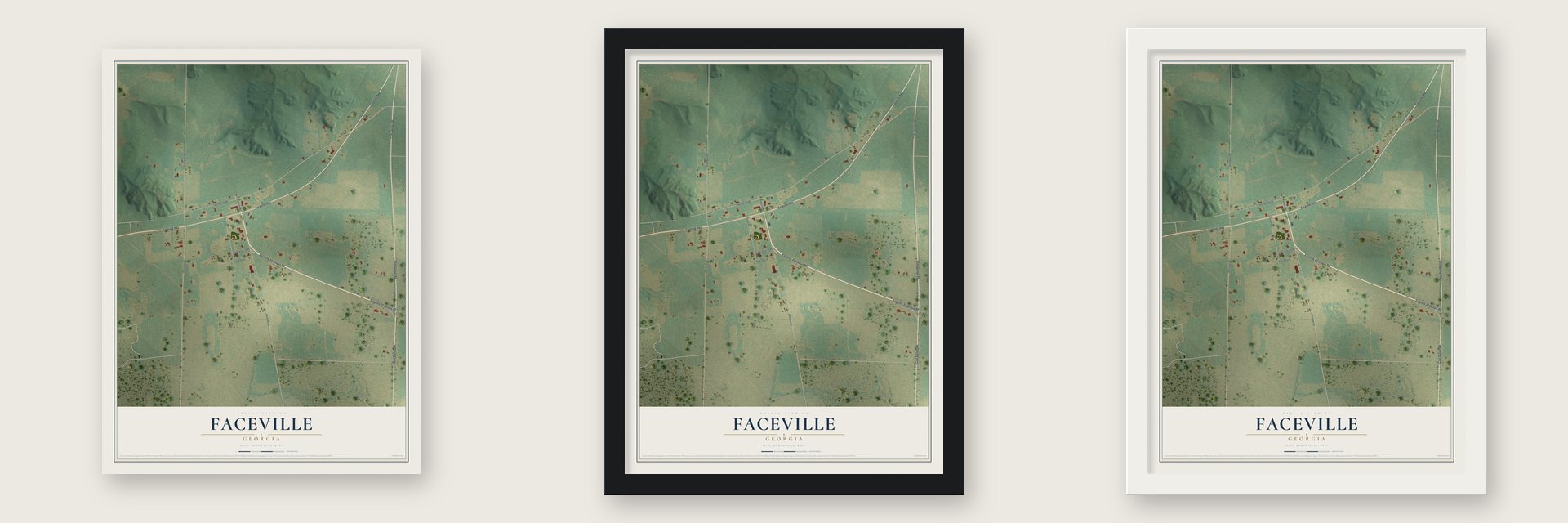 Faceville, Georgia map unframed, in a black wood frame and in a white wood frame