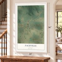 Faceville, Georgia map, 24 x 36 inch print in a white frame by a staircase