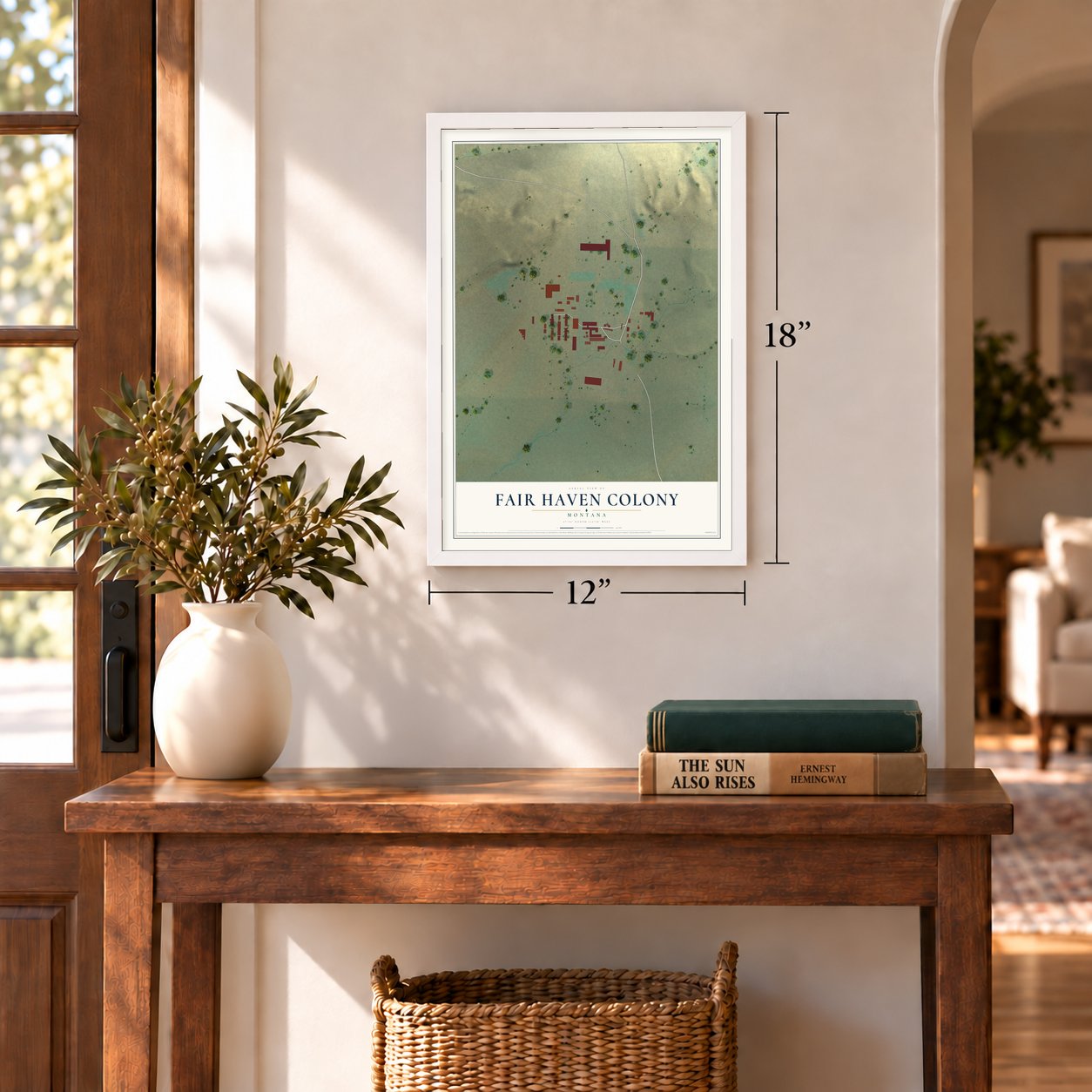 Fair Haven Colony, Montana map, 12 x 18 inch print in a white frame in an entryway