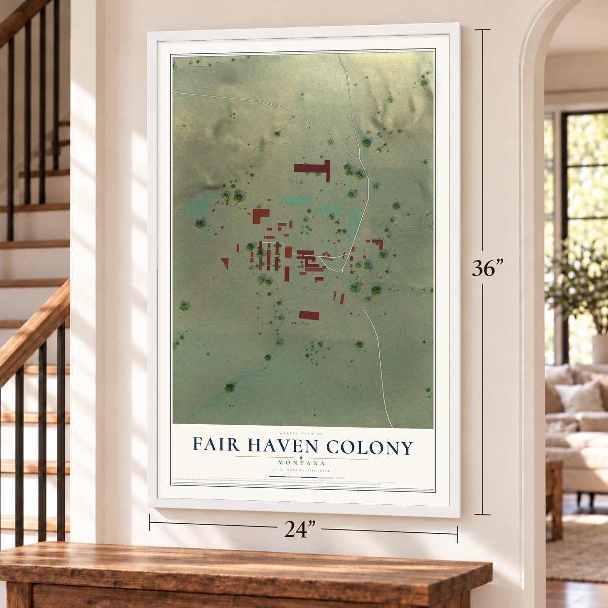 Fair Haven Colony, Montana map, 24 x 36 inch print in a white frame by a staircase