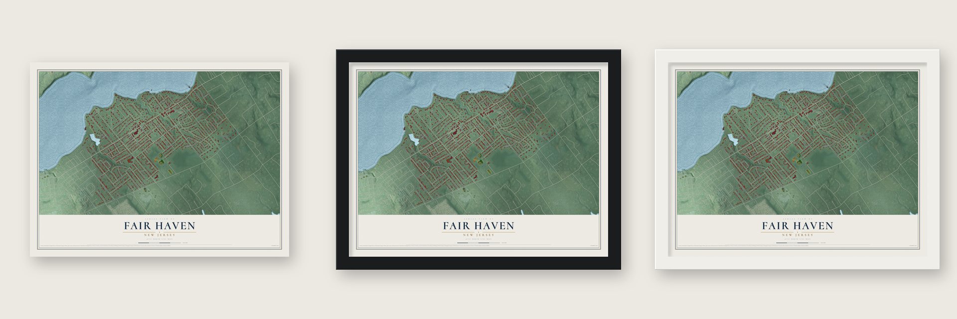Fair Haven, New Jersey map unframed, in a black wood frame and in a white wood frame