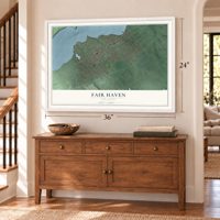 Fair Haven, New Jersey map, 24 x 36 inch print in a white frame above a dresser by a staircase