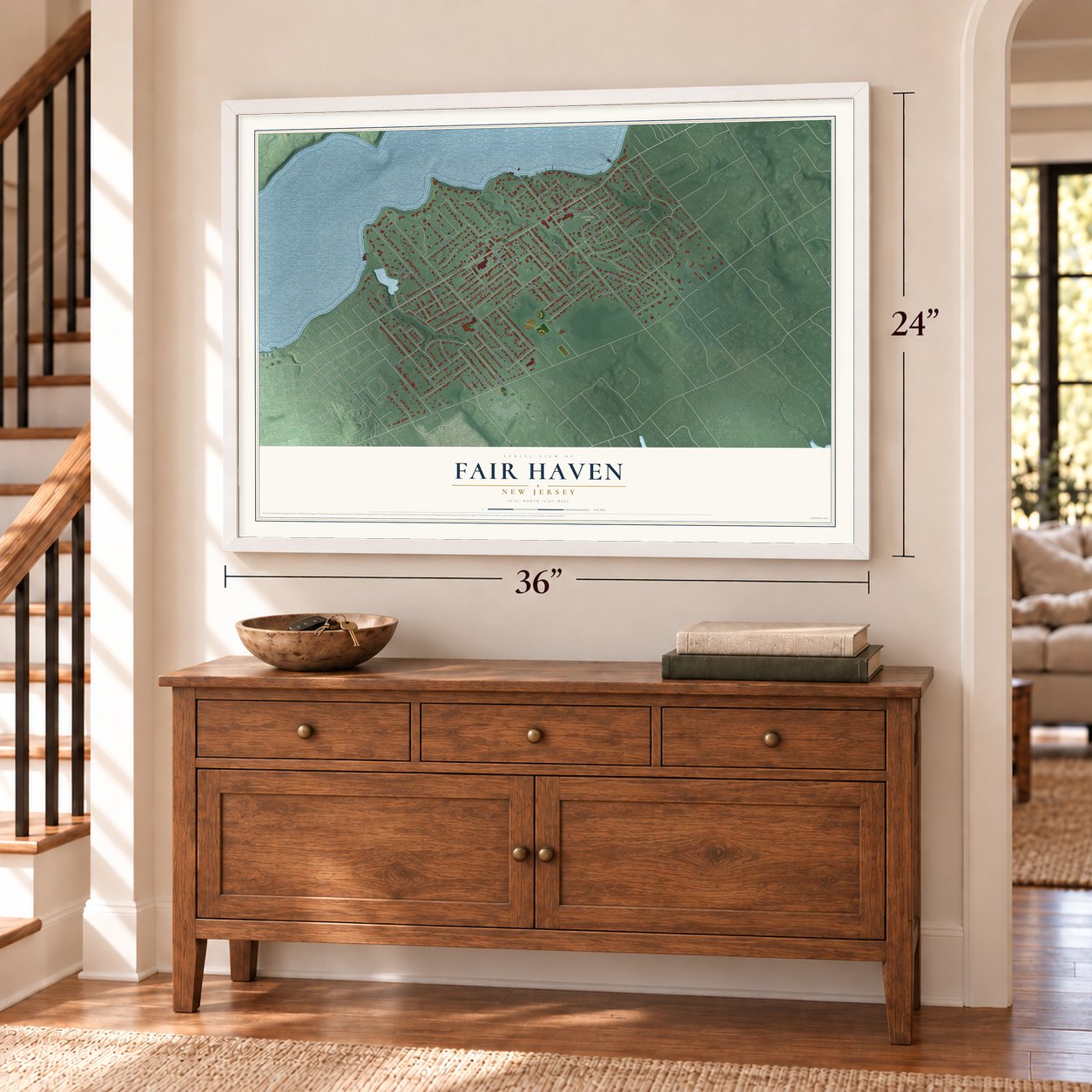 Fair Haven, New Jersey map, 24 x 36 inch print in a white frame above a dresser by a staircase