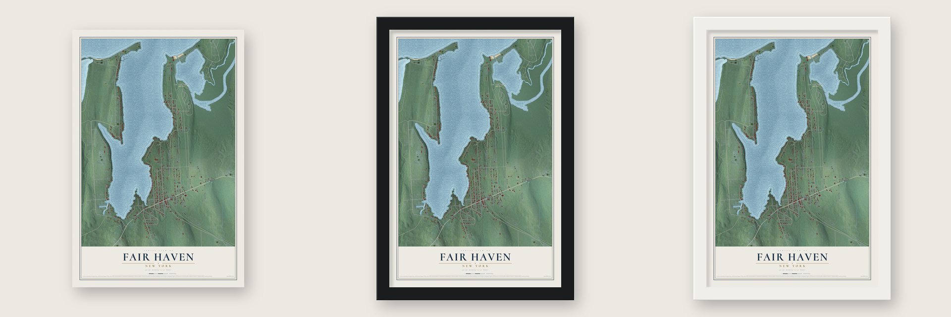 Fair Haven, New York map unframed, in a black wood frame and in a white wood frame