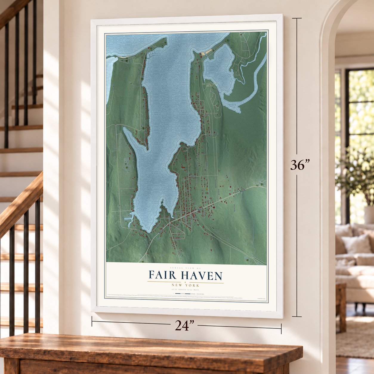 Fair Haven, New York map, 24 x 36 inch print in a white frame by a staircase