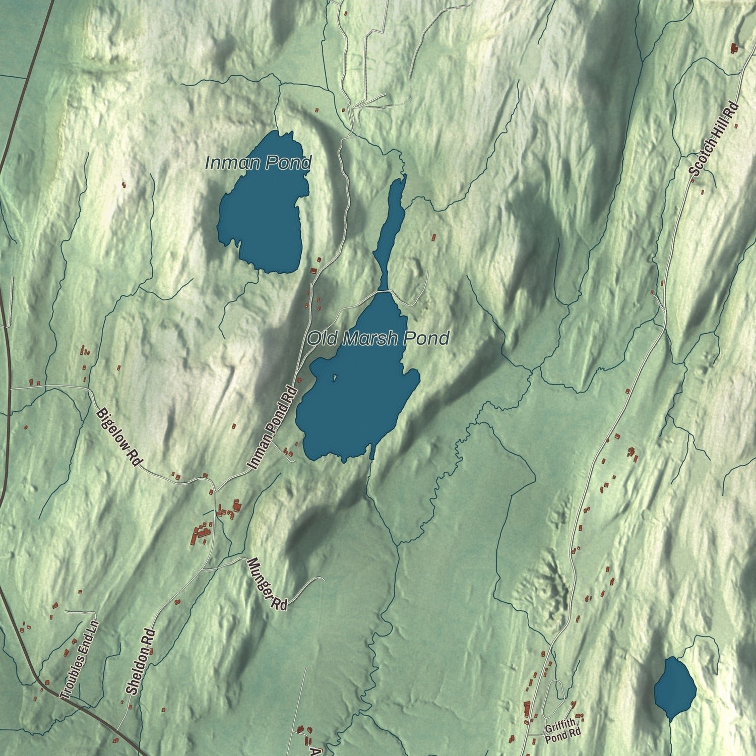 Close-up of the map of Fair Haven, Vermont print showing terrain and local geography