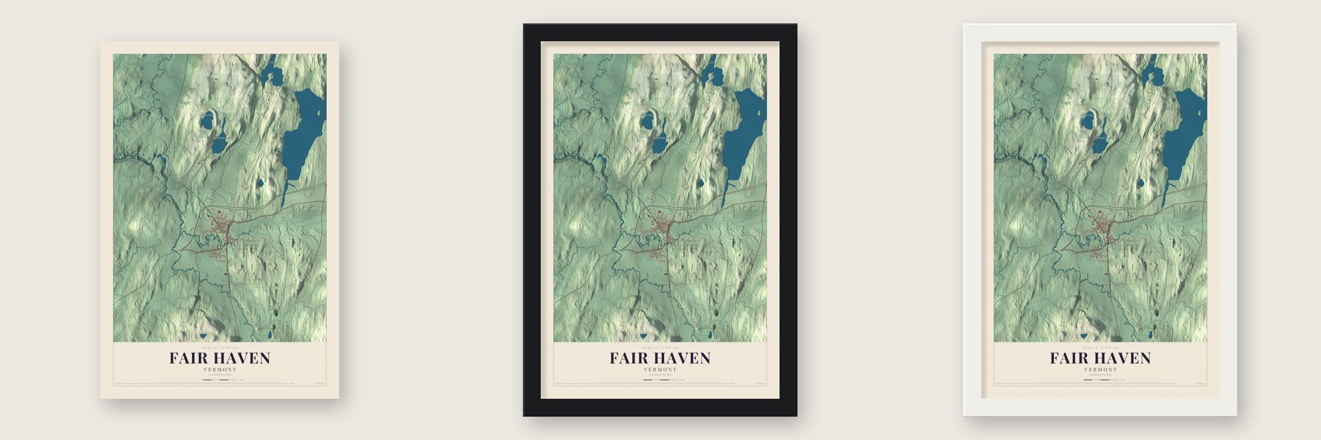 Fair Haven, Vermont map unframed, in a black wood frame and in a white wood frame