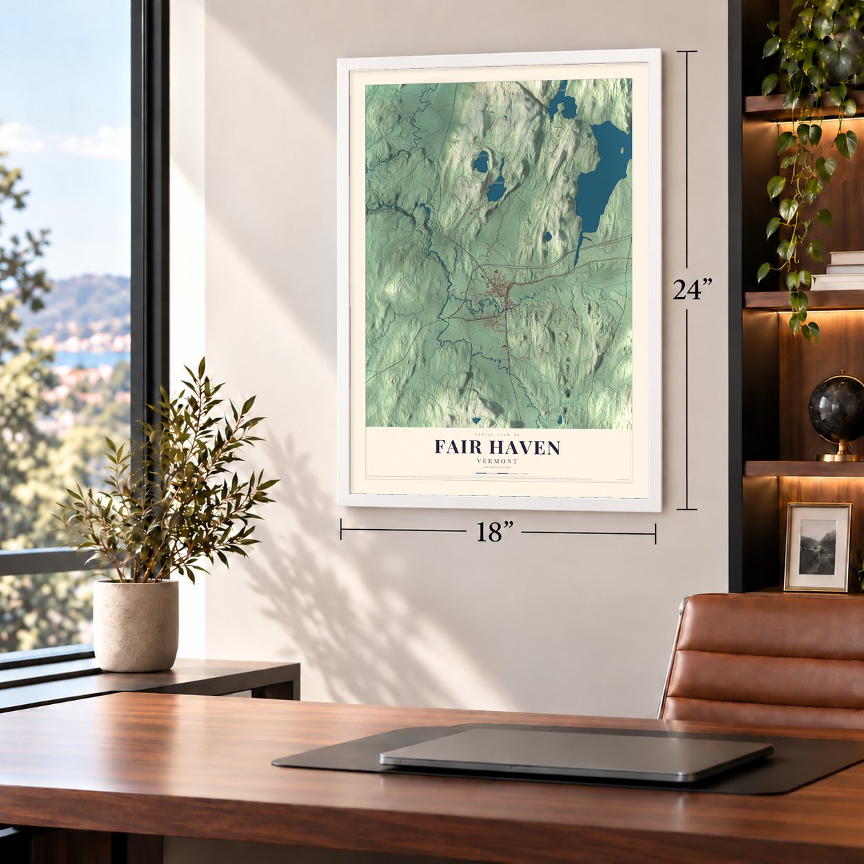 Fair Haven, Vermont map, 18 x 24 inch print in a white frame in a home office