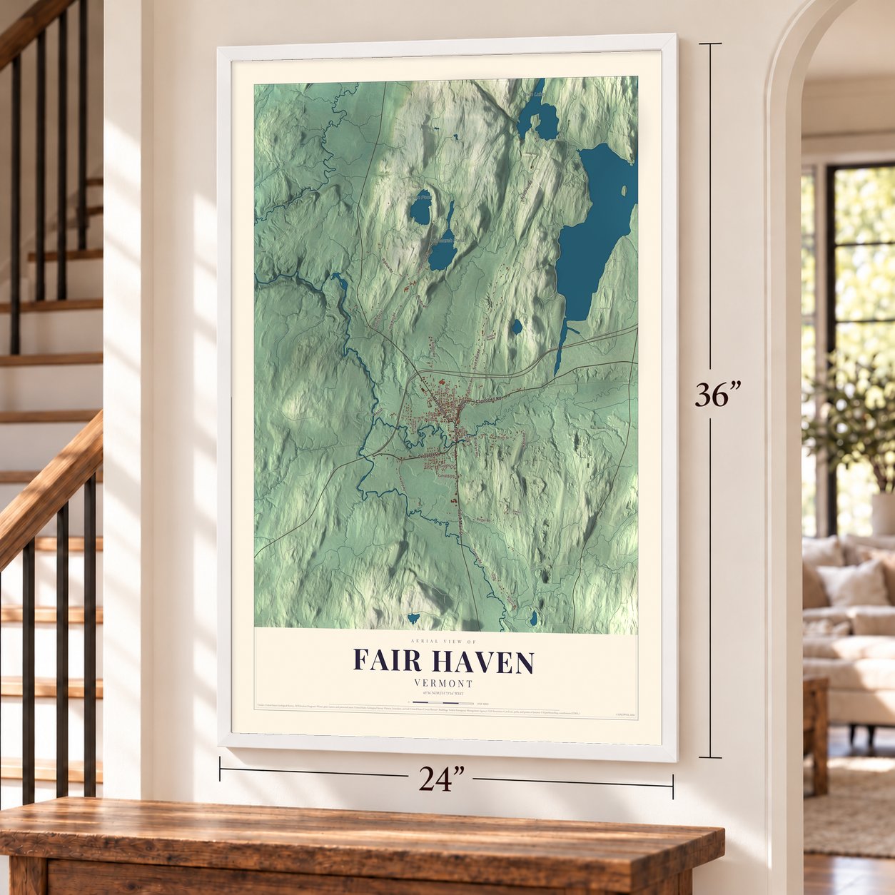 Fair Haven, Vermont map, 24 x 36 inch print in a white frame by a staircase