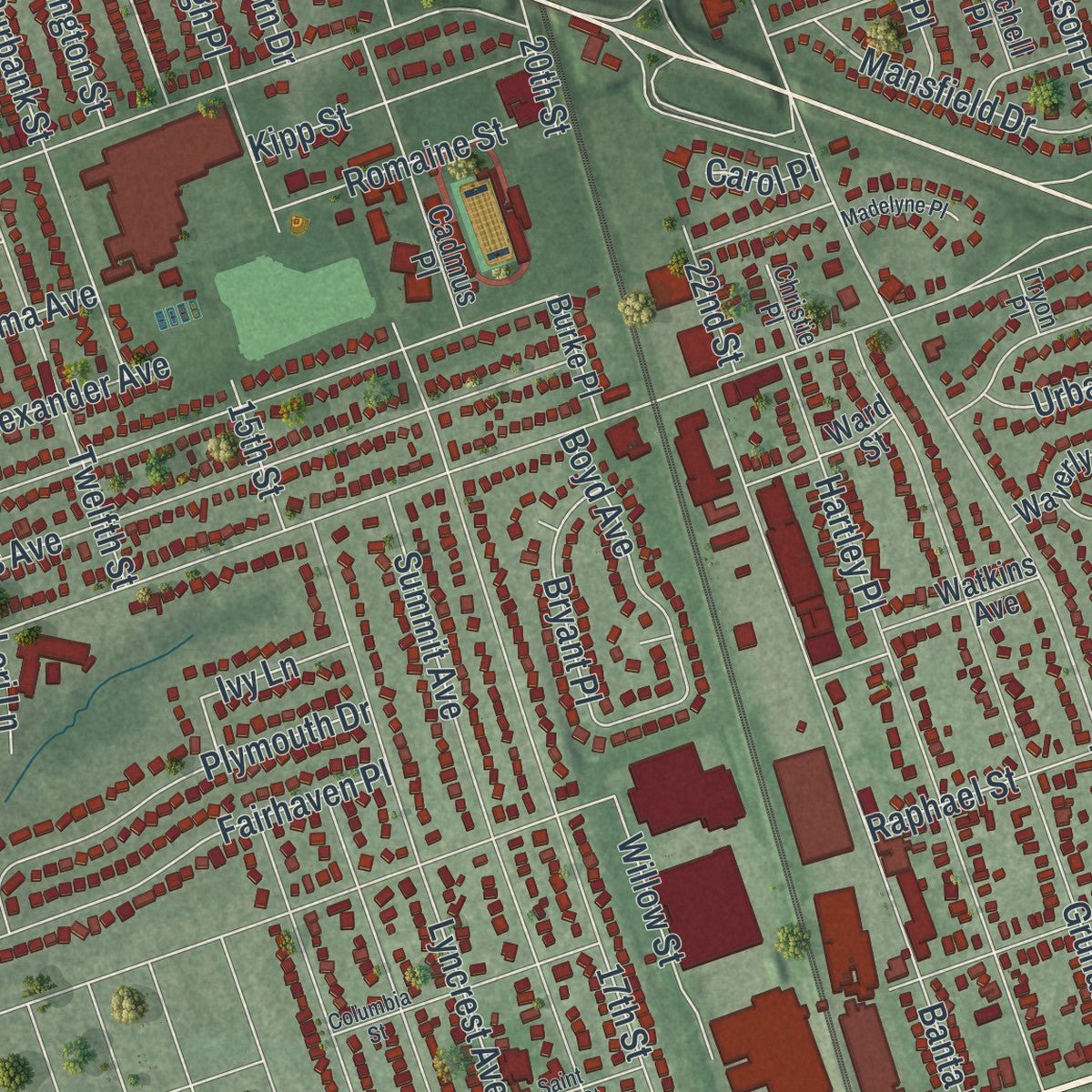 Second close-up of the map of Fair Lawn, New Jersey print showing more streets and buildings