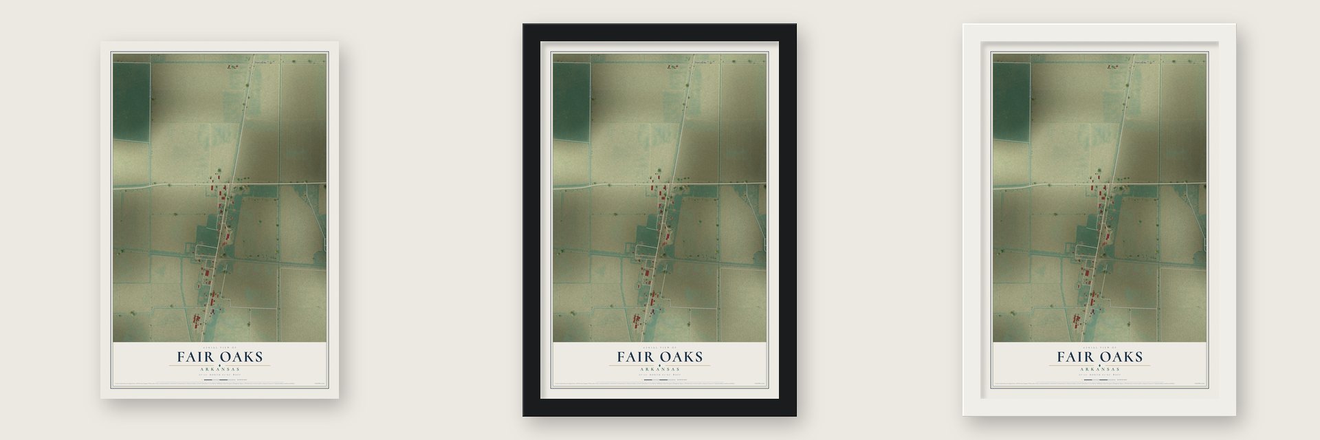 Fair Oaks, Arkansas map unframed, in a black wood frame and in a white wood frame