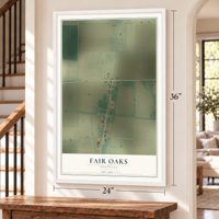 Fair Oaks, Arkansas map, 24 x 36 inch print in a white frame by a staircase