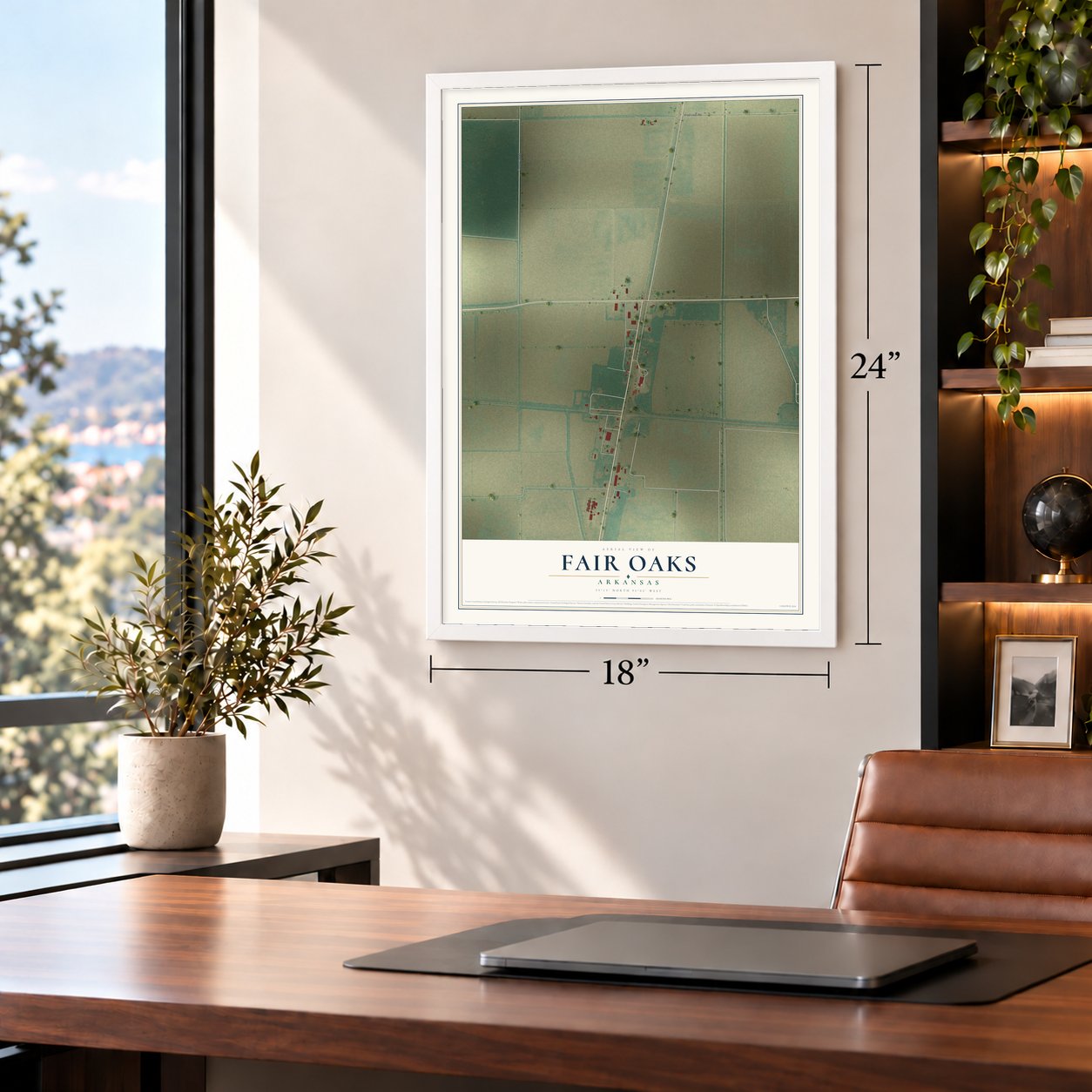 Fair Oaks, Arkansas map, 18 x 24 inch print in a white frame in a home office