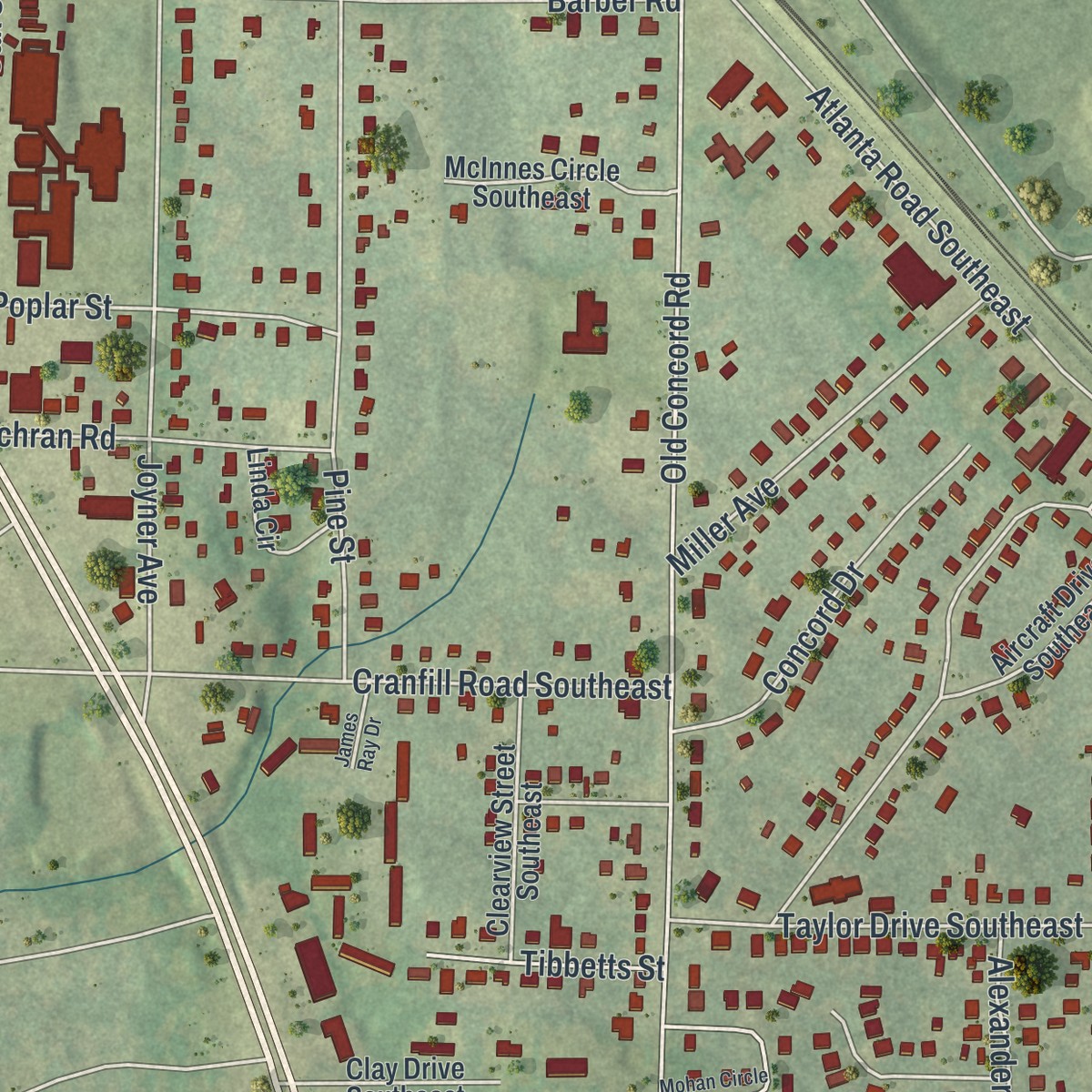 Second close-up of the map of Fair Oaks, Georgia print showing more streets and buildings