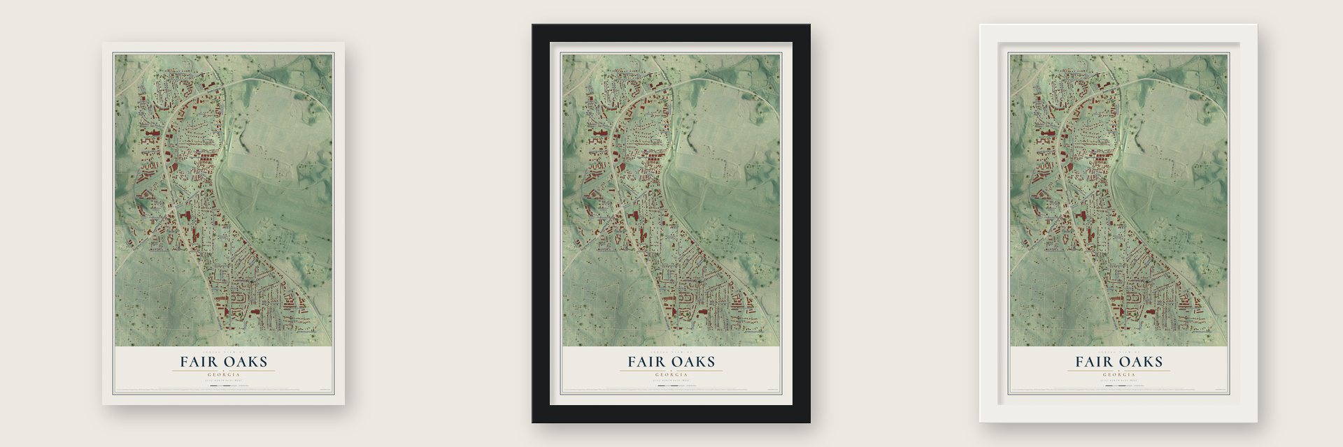 Fair Oaks, Georgia map unframed, in a black wood frame and in a white wood frame