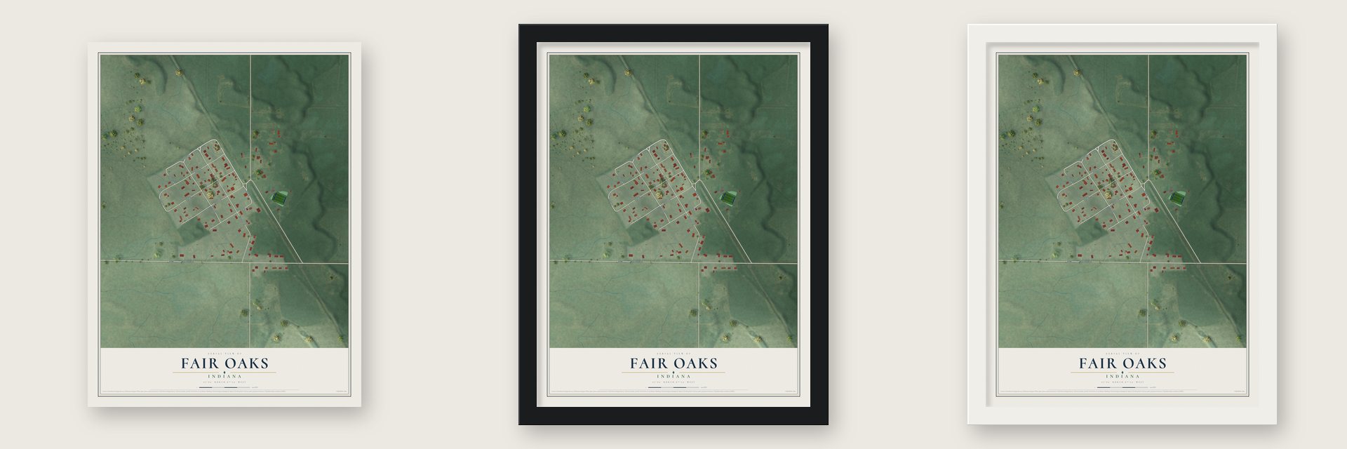 Fair Oaks, Indiana map unframed, in a black wood frame and in a white wood frame
