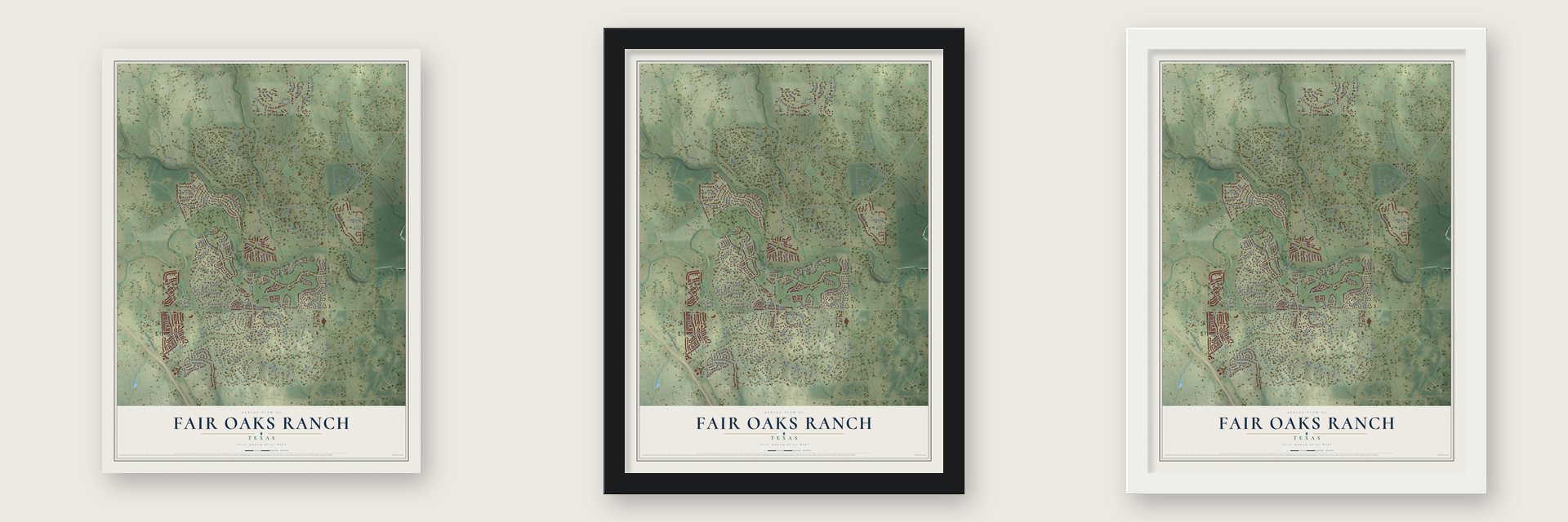 Fair Oaks Ranch, Texas map unframed, in a black wood frame and in a white wood frame