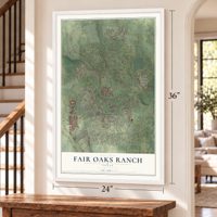 Fair Oaks Ranch, Texas map, 24 x 36 inch print in a white frame by a staircase