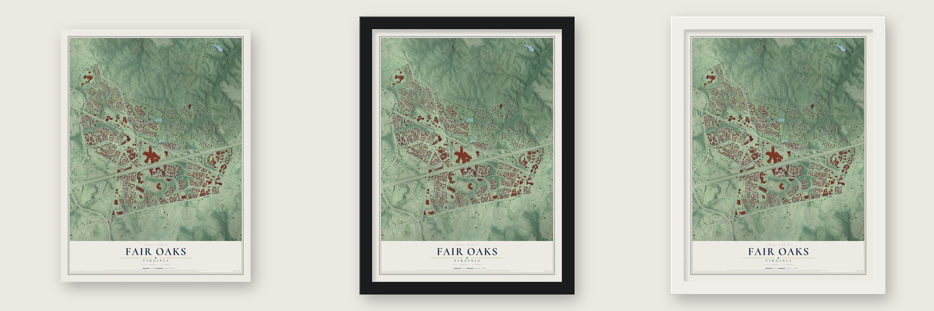 Fair Oaks, Virginia map unframed, in a black wood frame and in a white wood frame