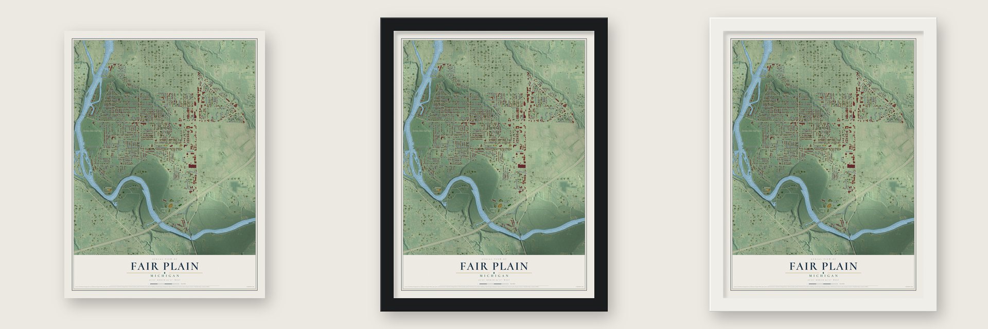 Fair Plain, Michigan map unframed, in a black wood frame and in a white wood frame