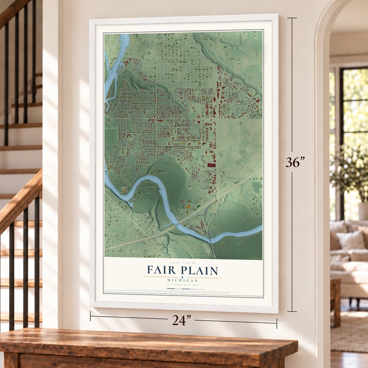 Fair Plain, Michigan map, 24 x 36 inch print in a white frame by a staircase