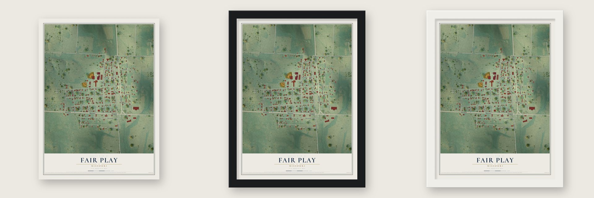 Fair Play, Missouri map unframed, in a black wood frame and in a white wood frame