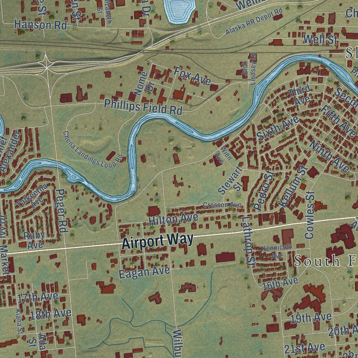 Second close-up of the map of Fairbanks, Alaska print showing more streets and buildings