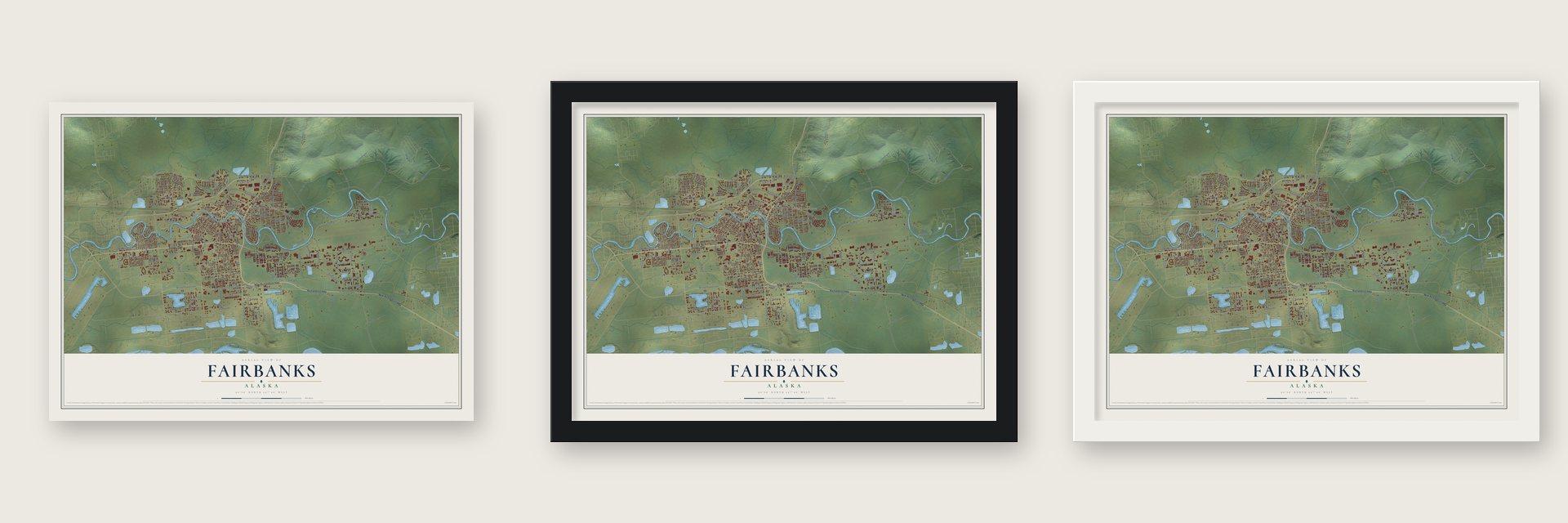 Fairbanks, Alaska map unframed, in a black wood frame and in a white wood frame