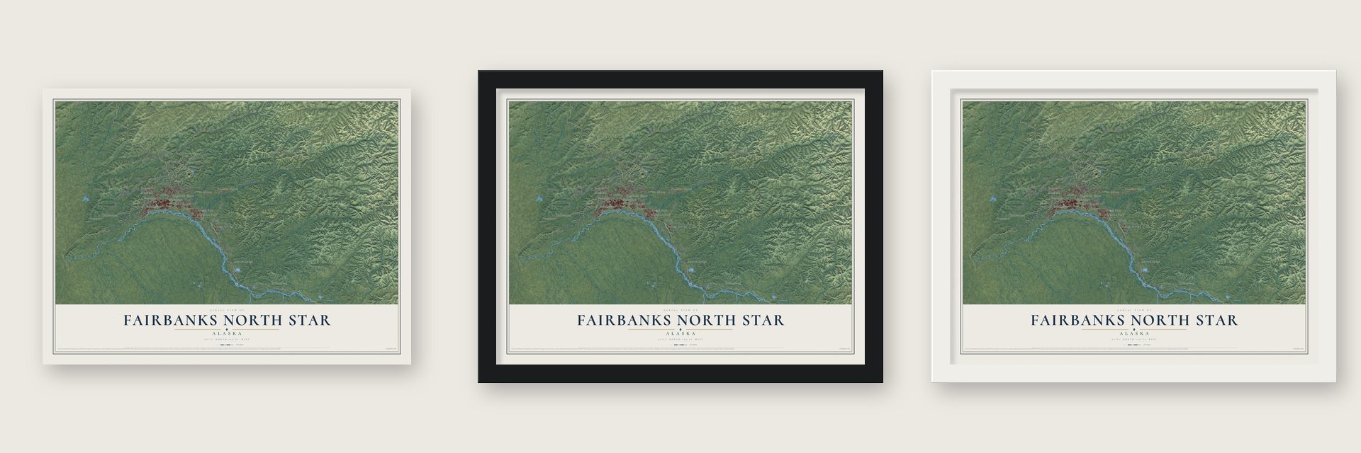 Fairbanks North Star, Alaska map unframed, in a black wood frame and in a white wood frame