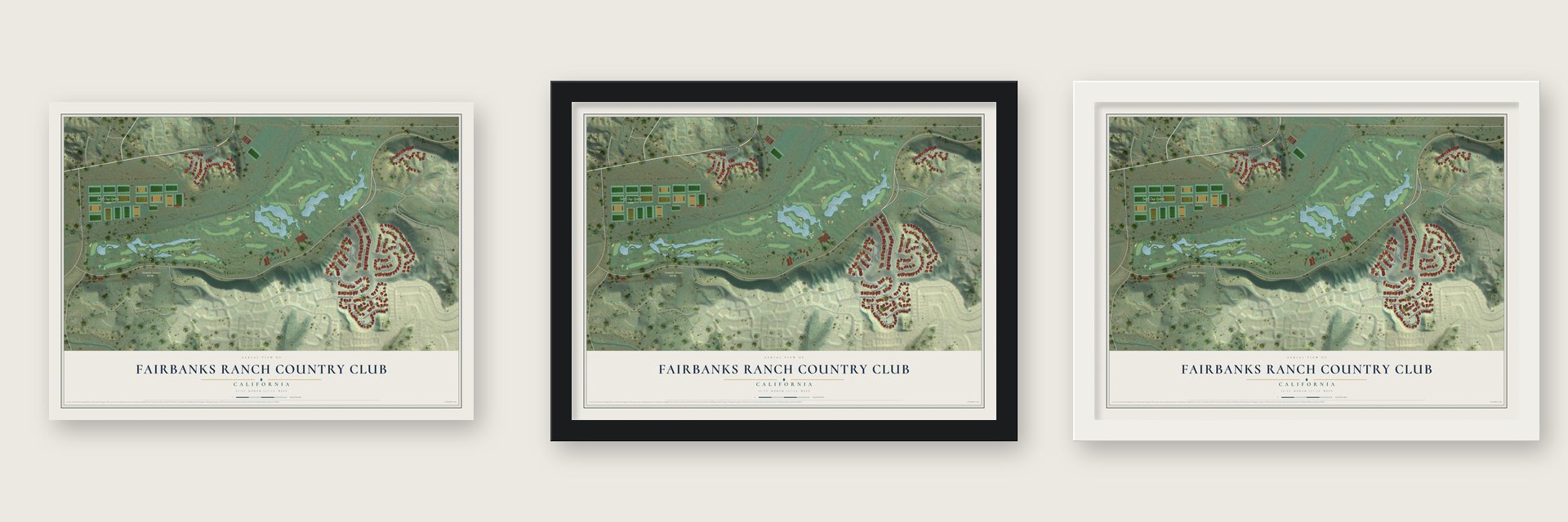 Fairbanks Ranch Country Club, California map unframed, in a black wood frame and in a white wood frame
