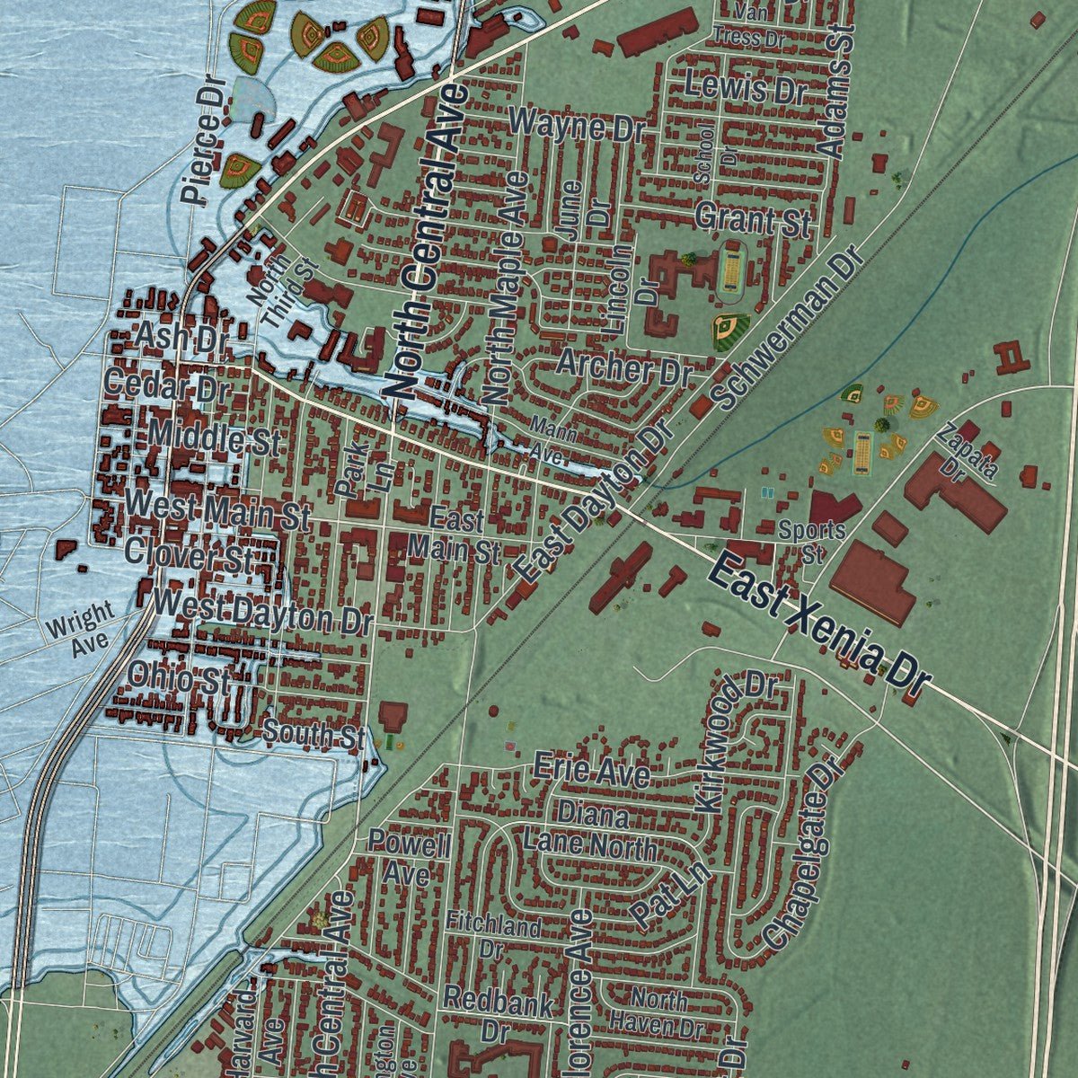 Second close-up of the map of Fairborn, Ohio print showing more streets and buildings
