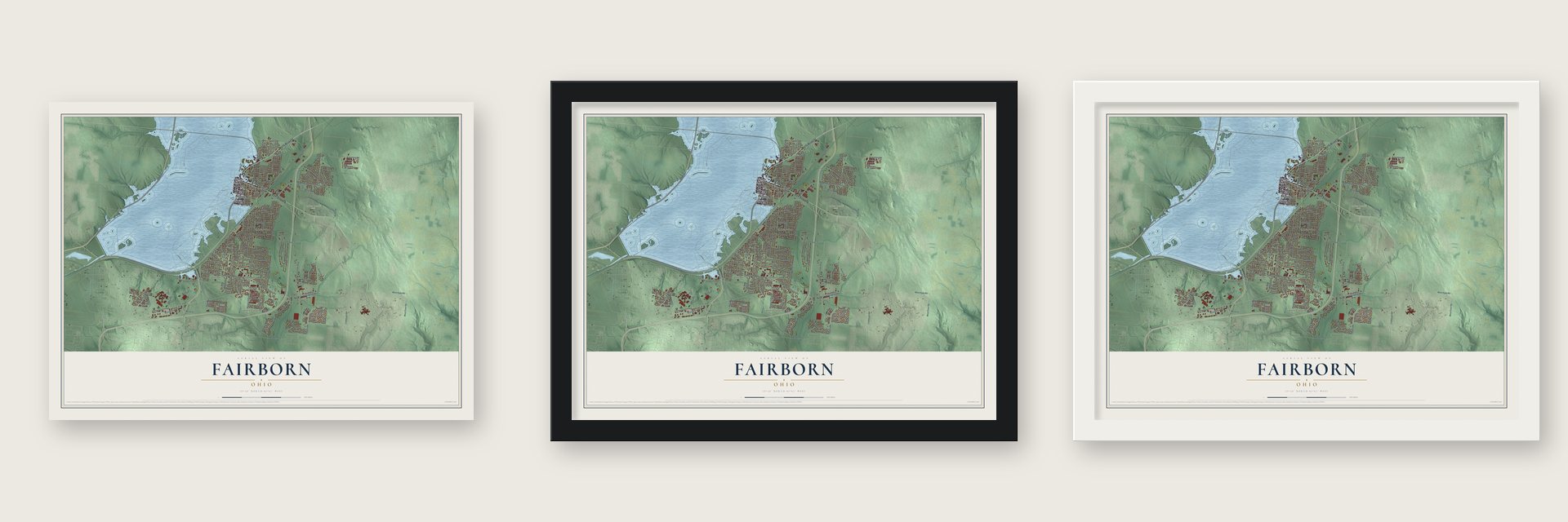 Fairborn, Ohio map unframed, in a black wood frame and in a white wood frame
