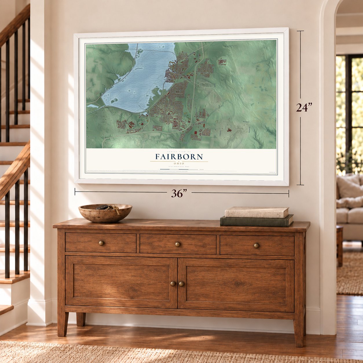 Fairborn, Ohio map, 24 x 36 inch print in a white frame above a dresser by a staircase
