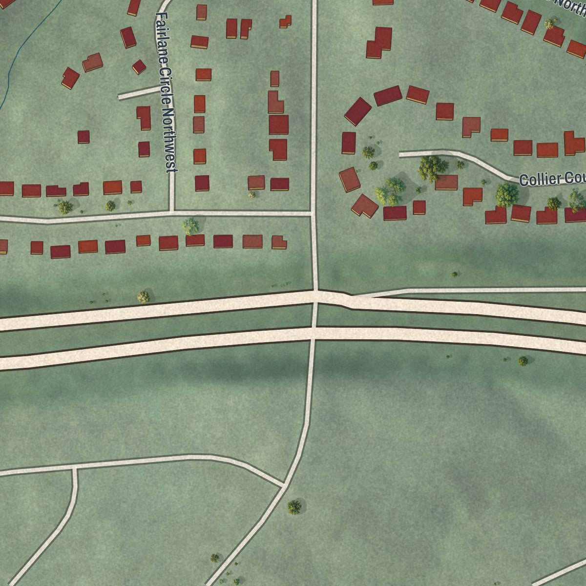 Second close-up of the map of Fairburn Heights, Georgia print showing more streets and buildings