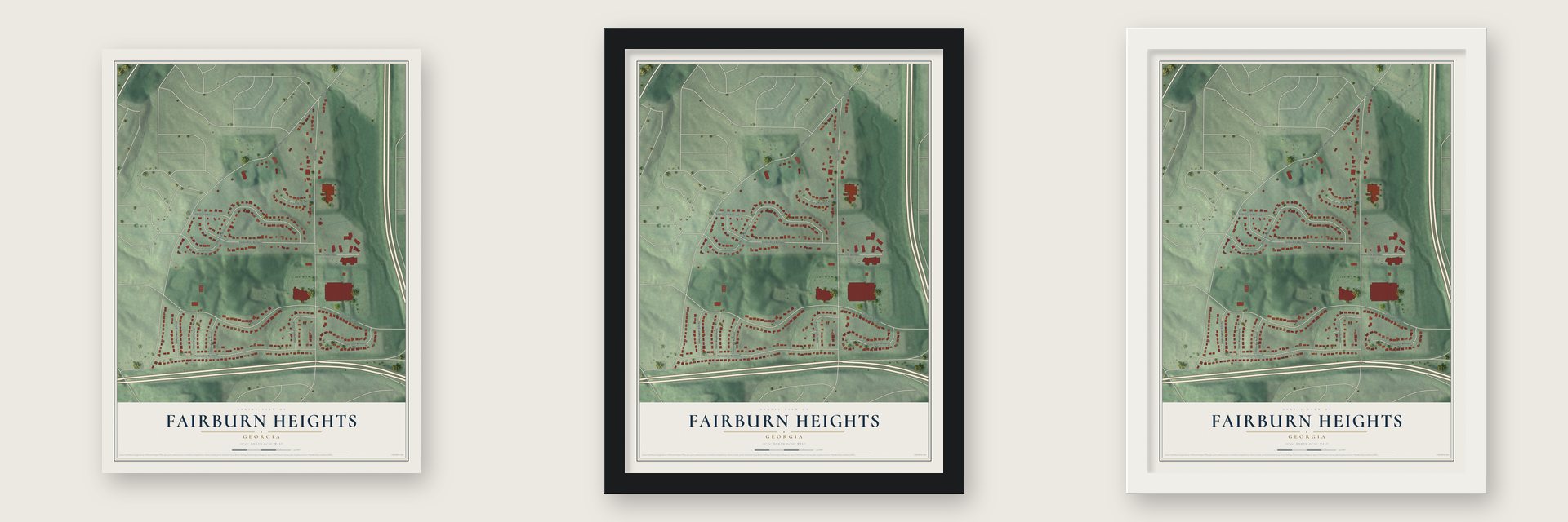 Fairburn Heights, Georgia map unframed, in a black wood frame and in a white wood frame