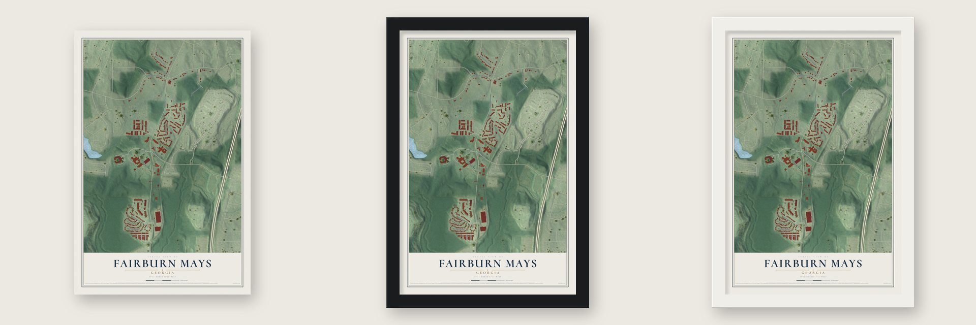Fairburn Mays, Georgia map unframed, in a black wood frame and in a white wood frame