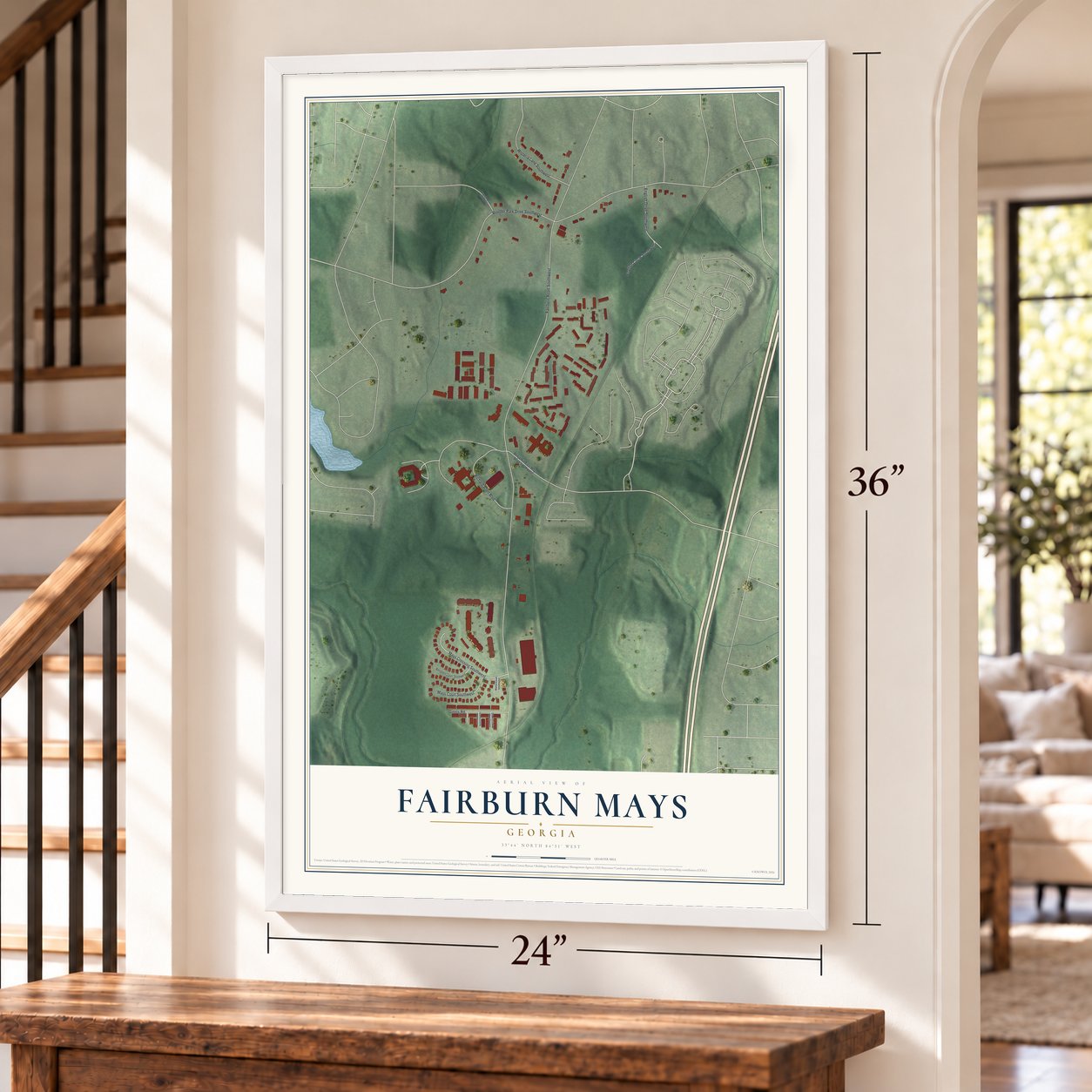 Fairburn Mays, Georgia map, 24 x 36 inch print in a white frame by a staircase