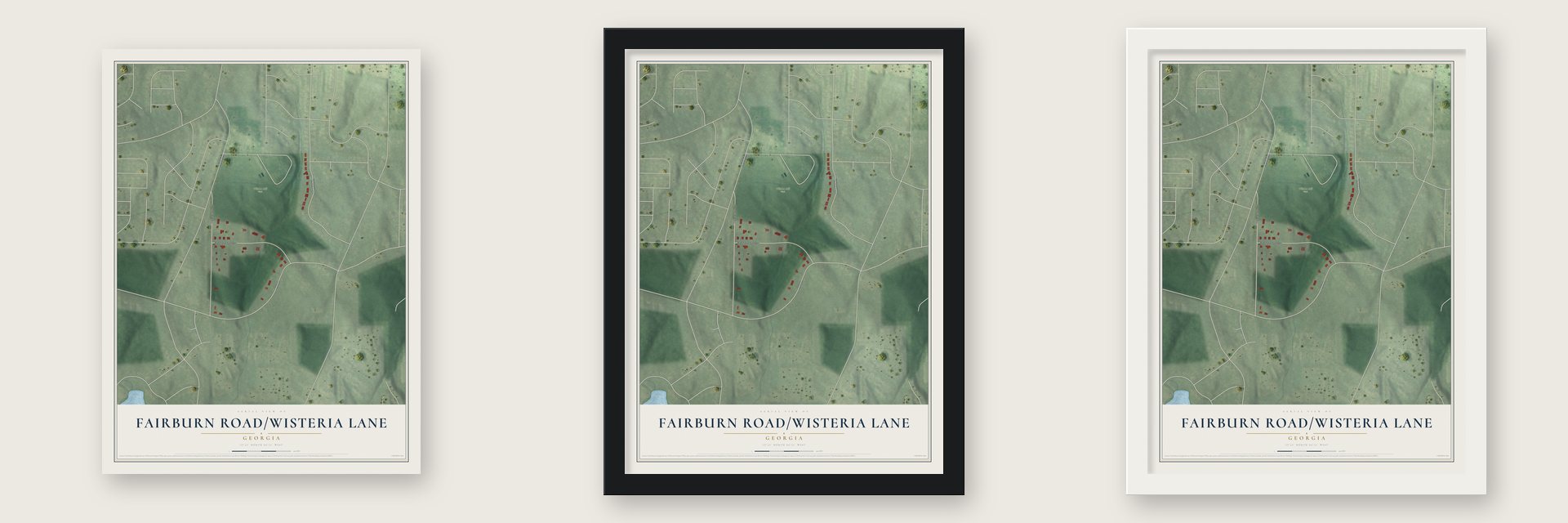 Fairburn Road-Wisteria Lane, Georgia map unframed, in a black wood frame and in a white wood frame